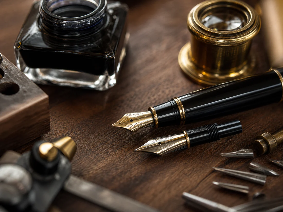 Makrofotografie von Schreibgeräte-Handwerk mit Feder, Tinte und Lupe